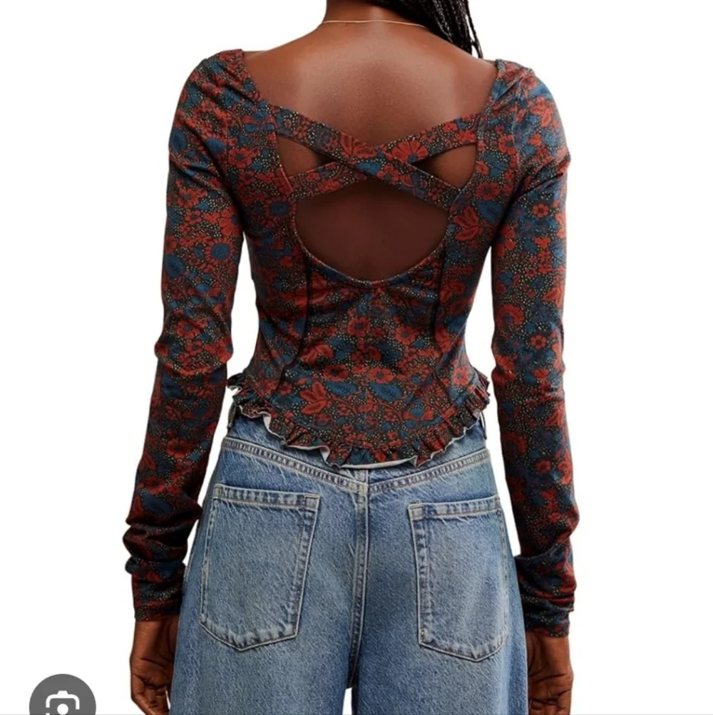 Free People Melanie Printed Riffle Long Sleeve Floral Scoop Neck Open Back Blous